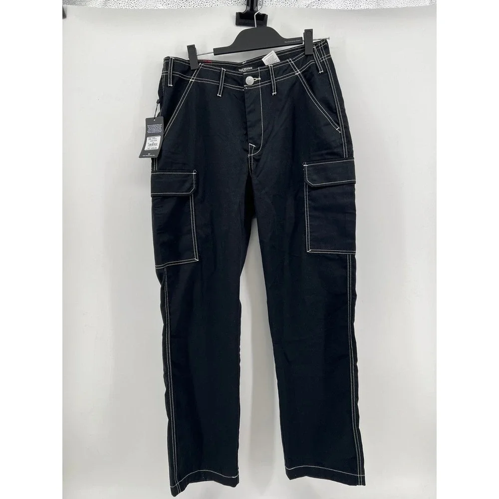 True Religion Mens Jet Black Contrast Stitch Cargo Pants 108335 Size 32 NWT